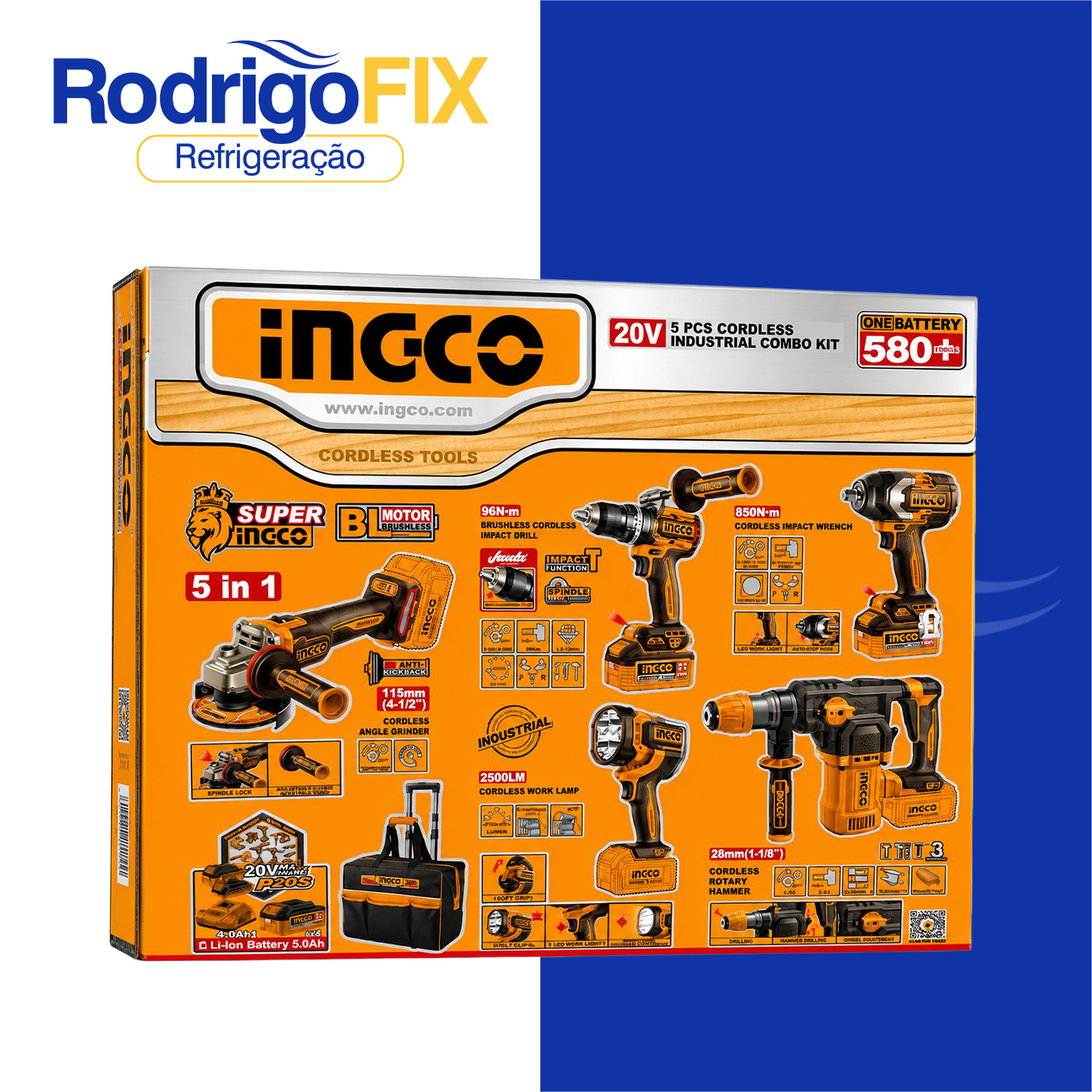KIT 5  FERRAMENTAS 5AH 20V PARAFUSADEIRA | CHAVE DE IMPACTO | ESMERILHADEIRA | MARTELETE | LANTERNA COSLI251193-9 - sku12.950