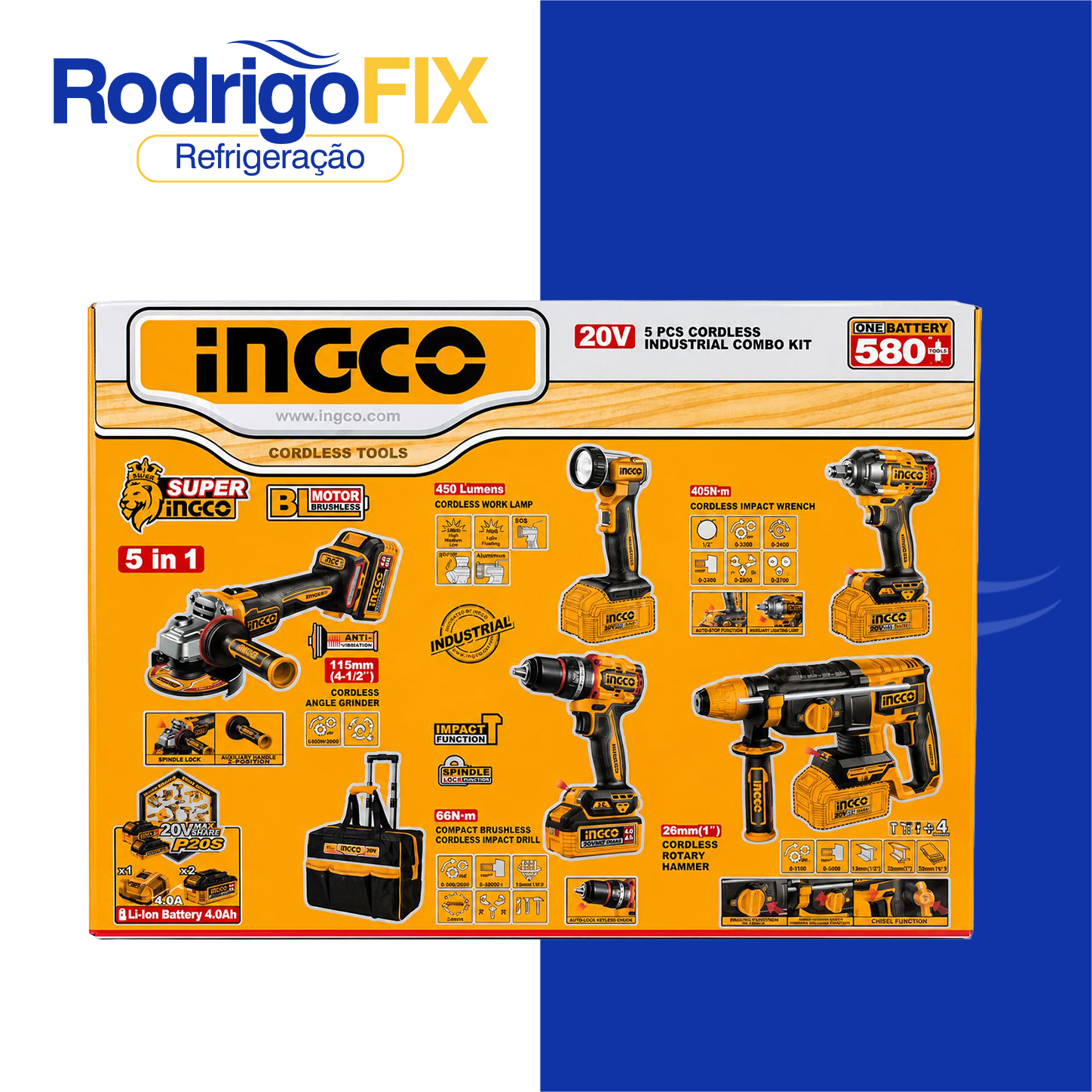 KIT 5 FERRAMENTAS 4AH 20V PARAFUSADEIRA | CHAVE DE IMPACTO | ESMERILHADEIRA | MARTELETE | LANTERNA CKLI20595-9 - sku12.900